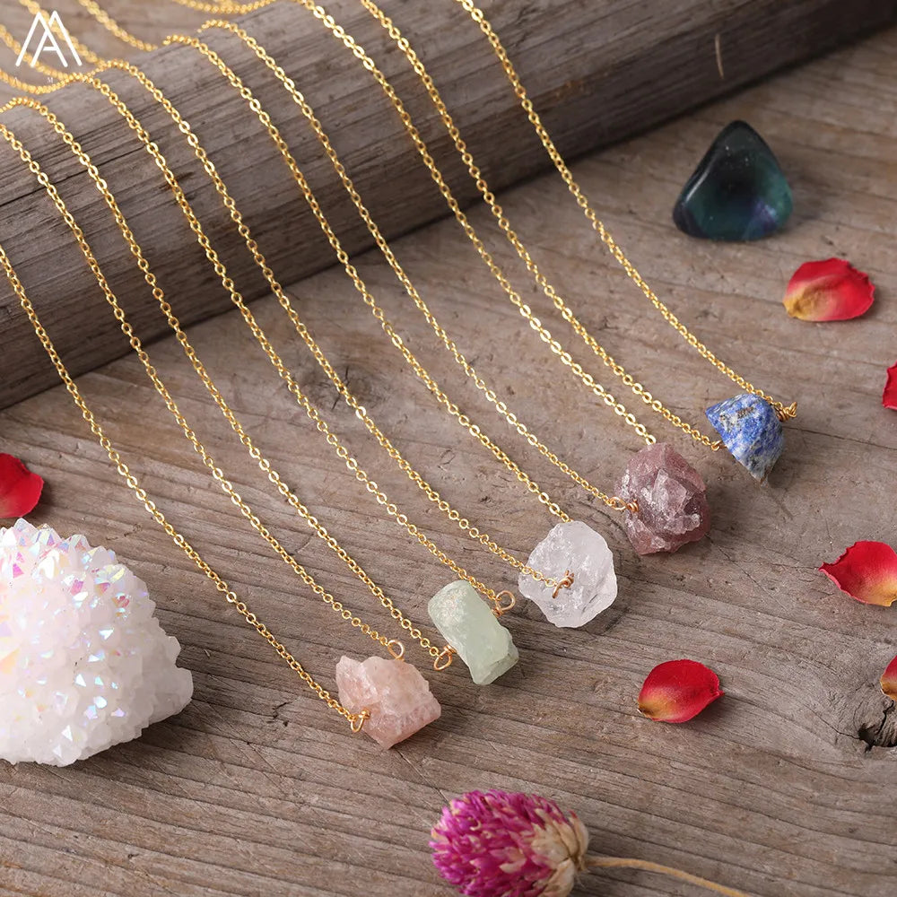 Collier Pierre Naturelle Brute – Améthyste, Citrine, Quartz Rose & Plus | Chaîne Dorée 18K