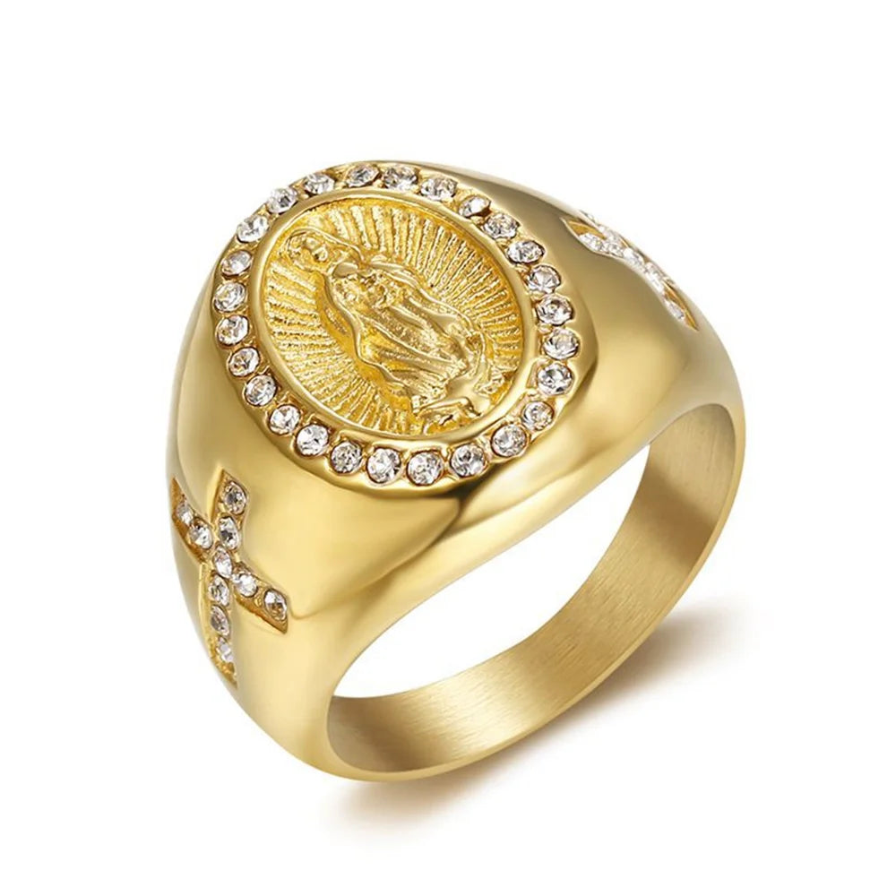 Bague Vierge Marie – Acier Inoxydable | Bijou Chrétien Orné de Zircons