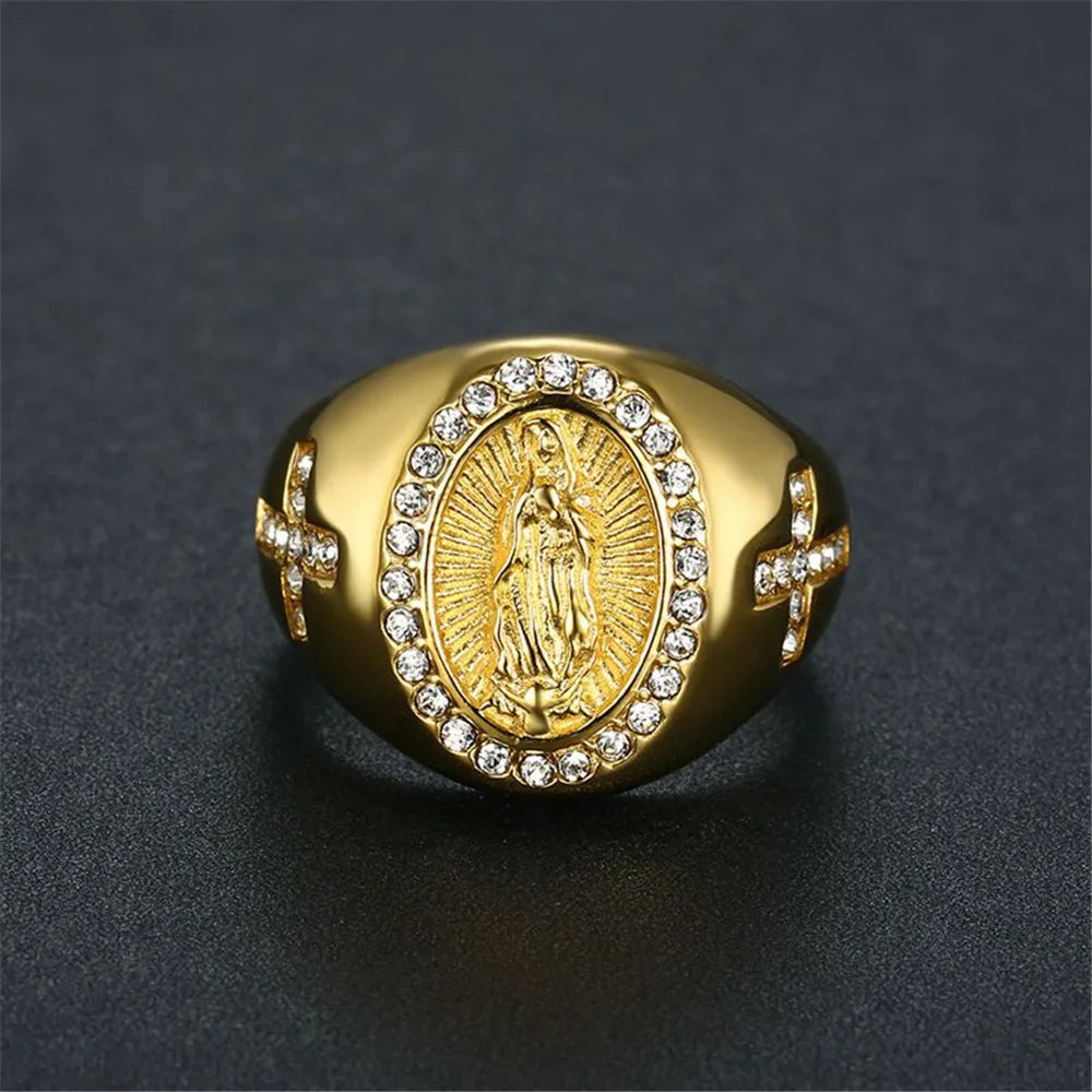 Bague Vierge Marie – Acier Inoxydable | Bijou Chrétien Orné de Zircons