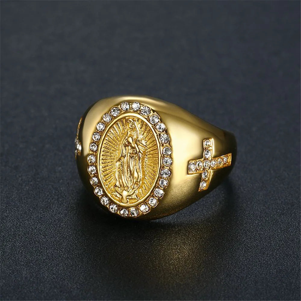 Bague Vierge Marie – Acier Inoxydable | Bijou Chrétien Orné de Zircons