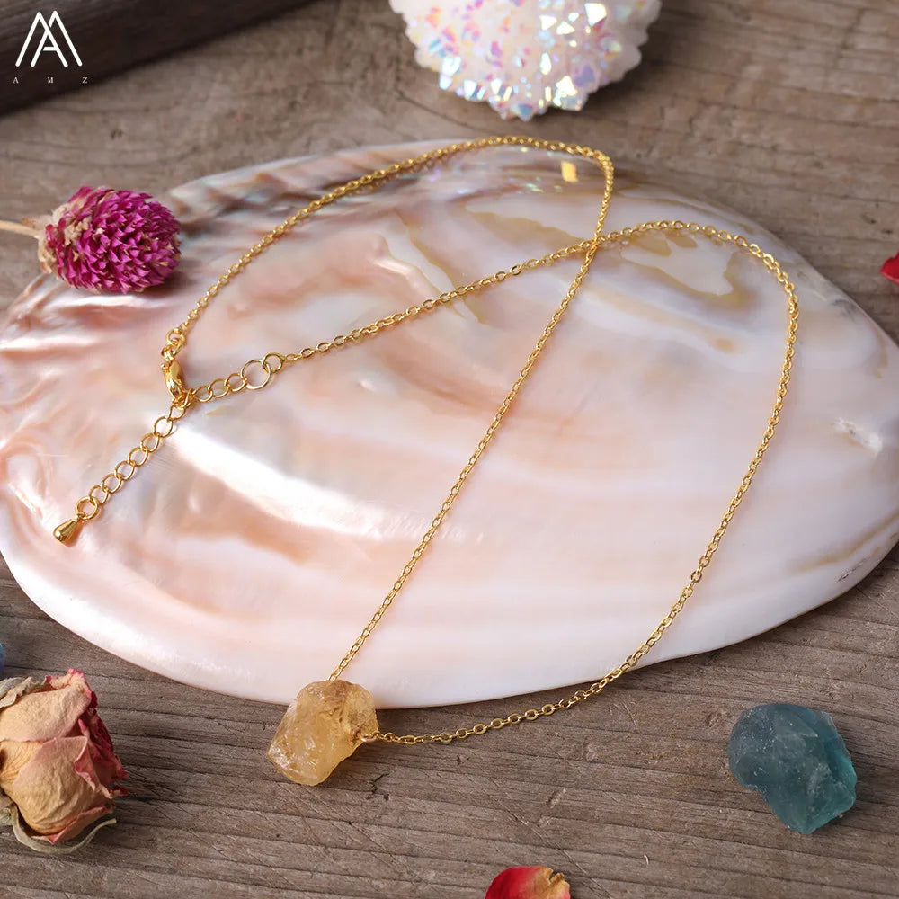 Collier Pierre Naturelle Brute – Améthyste, Citrine, Quartz Rose & Plus | Chaîne Dorée 18K