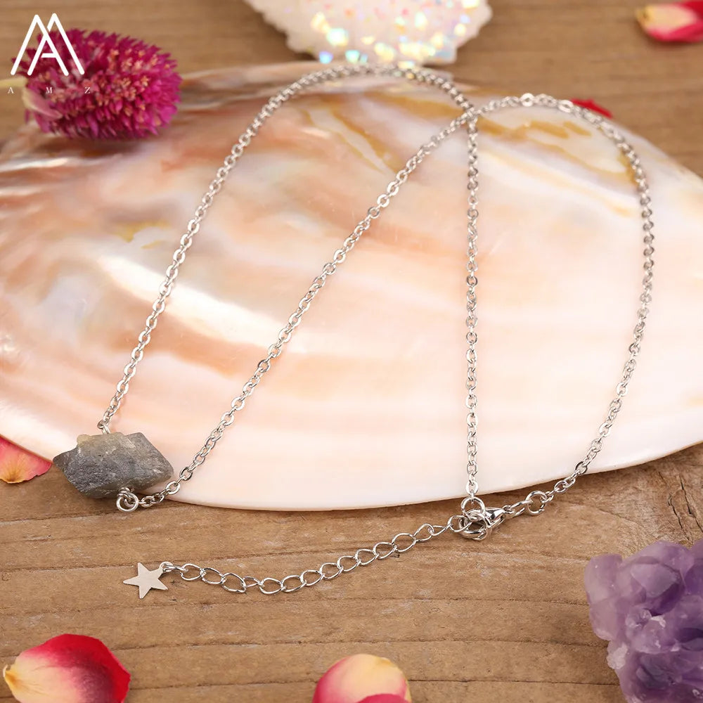 Collier Pierre Naturelle Brute – Améthyste, Citrine, Quartz Rose & Plus | Chaîne Dorée 18K