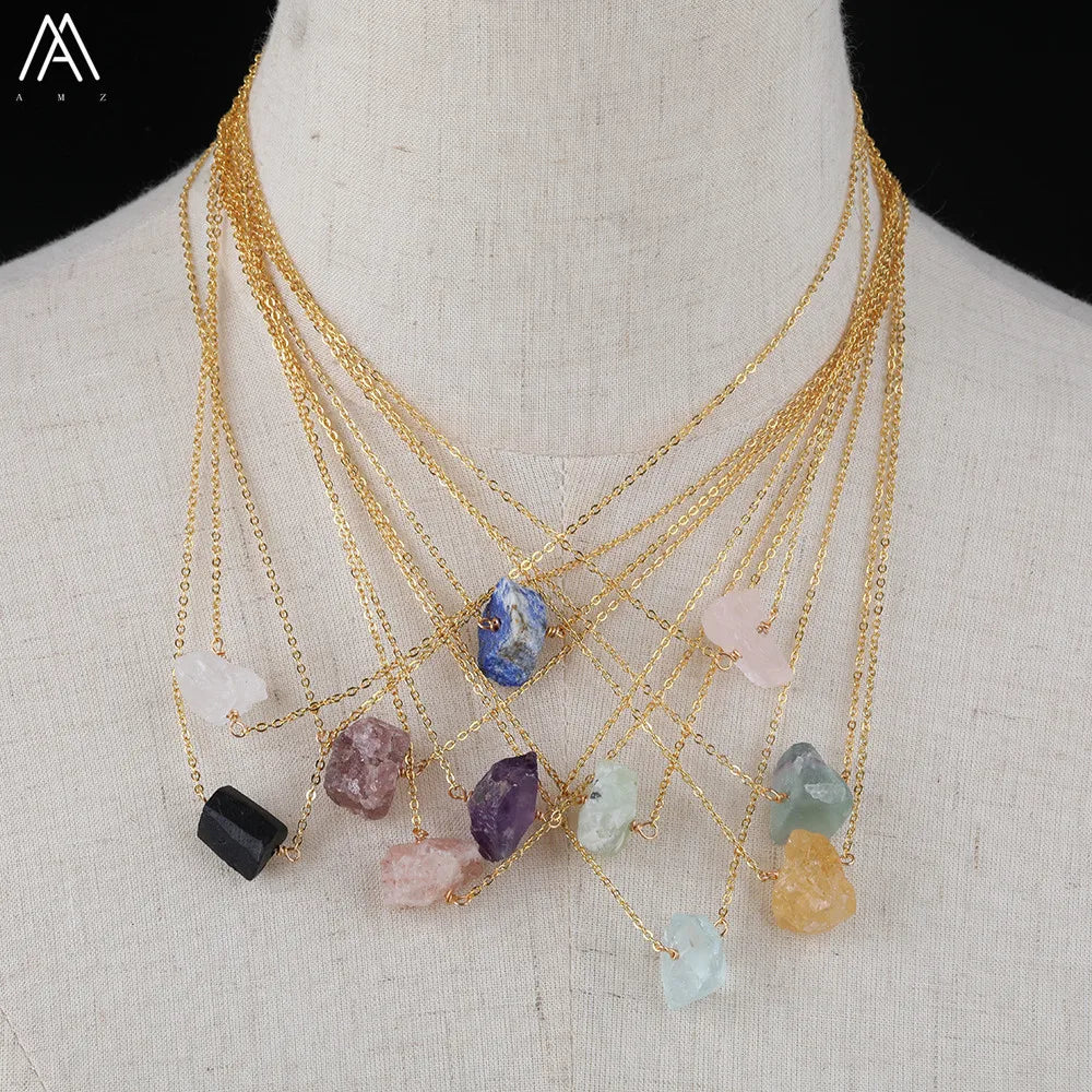 Collier Pierre Naturelle Brute – Améthyste, Citrine, Quartz Rose & Plus | Chaîne Dorée 18K