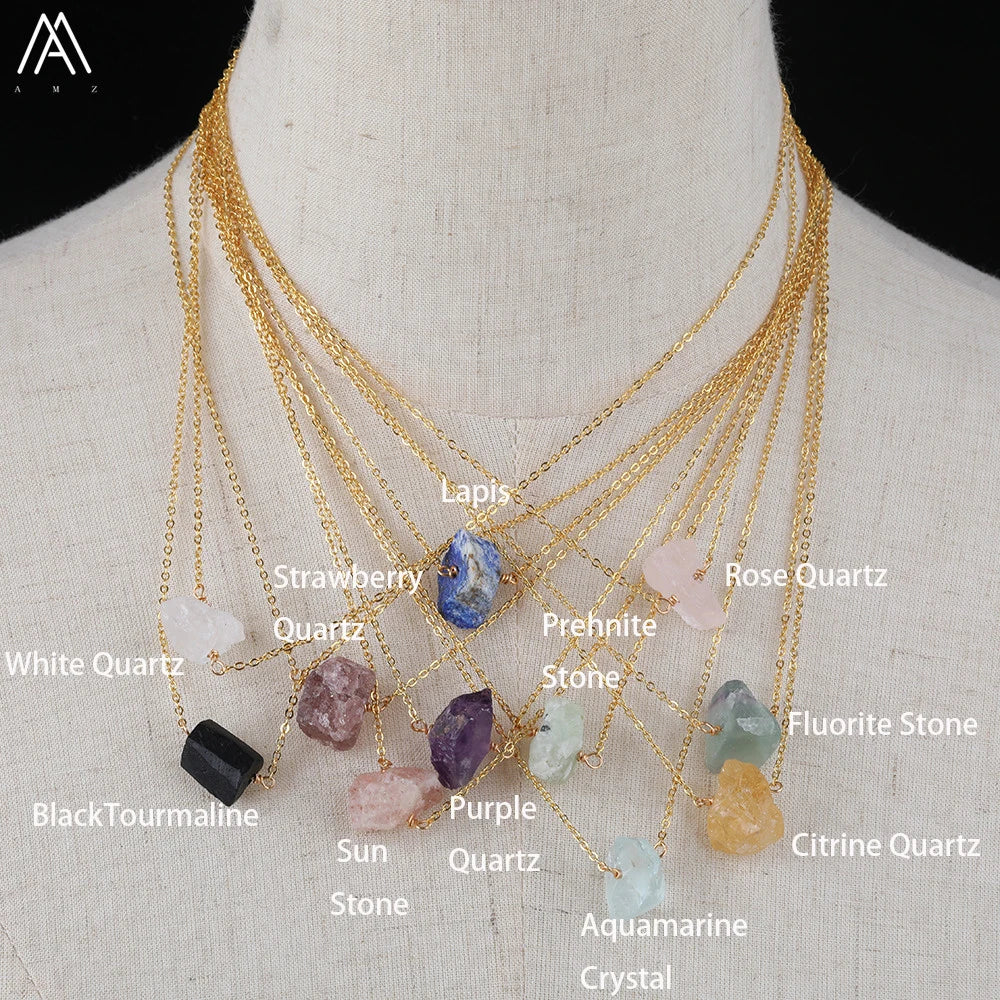Collier Pierre Naturelle Brute – Améthyste, Citrine, Quartz Rose & Plus | Chaîne Dorée 18K