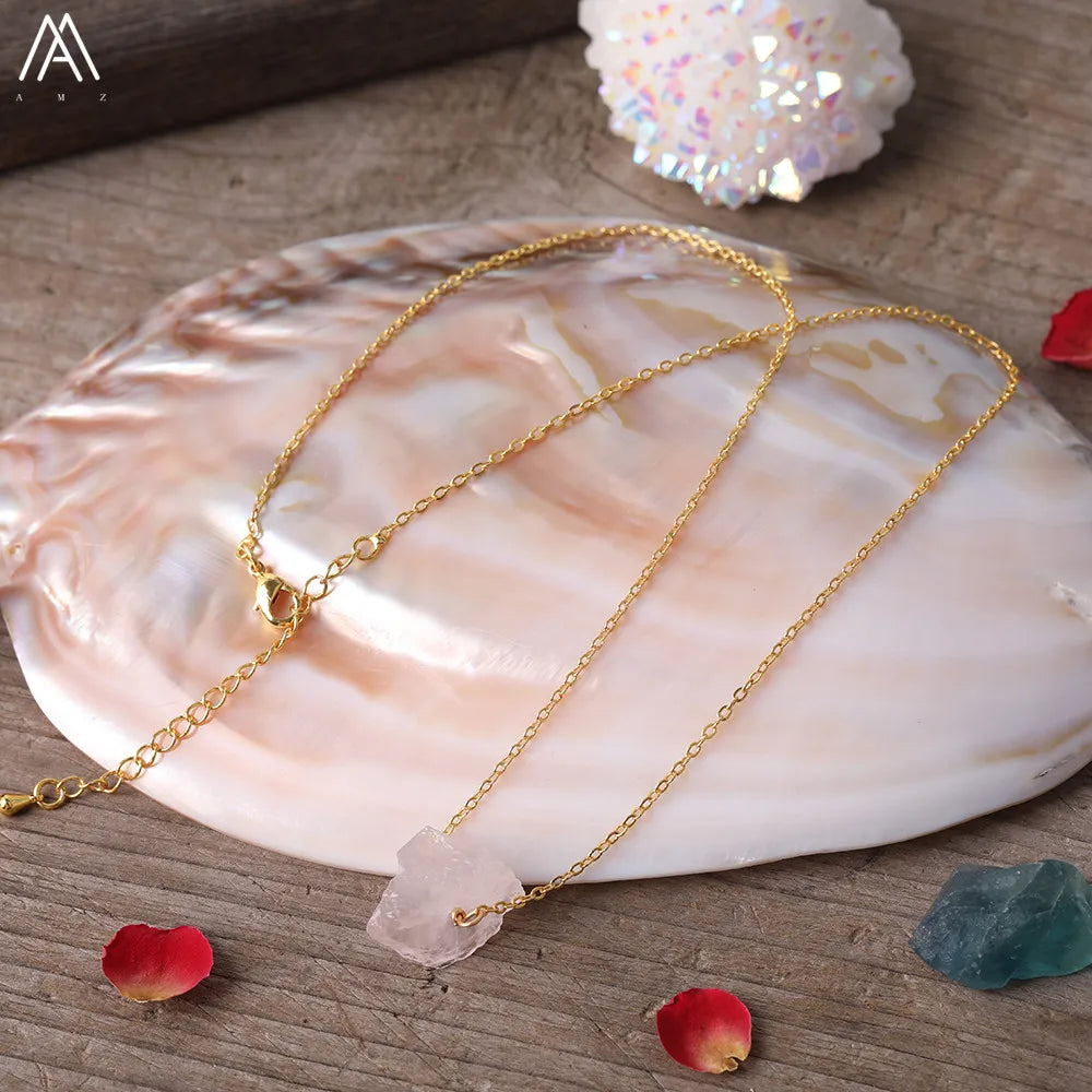 Collier Pierre Naturelle Brute – Améthyste, Citrine, Quartz Rose & Plus | Chaîne Dorée 18K