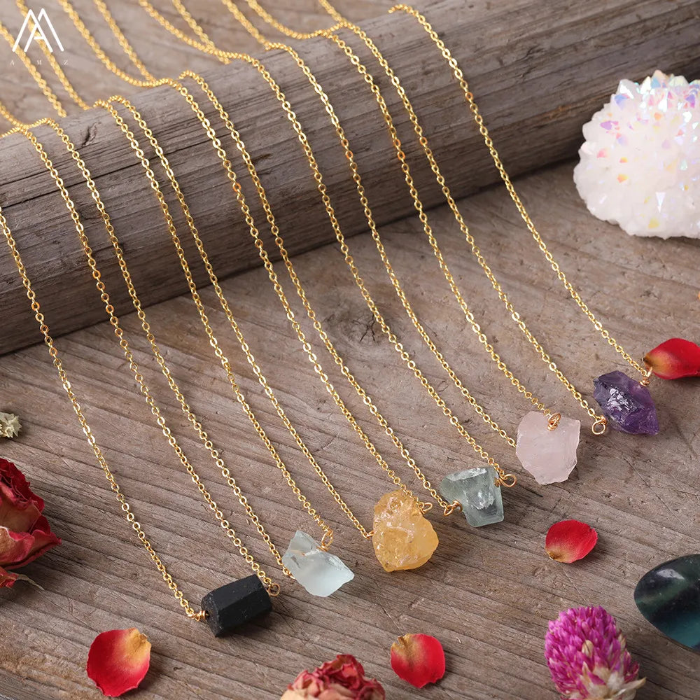Collier Pierre Naturelle Brute – Améthyste, Citrine, Quartz Rose & Plus | Chaîne Dorée 18K