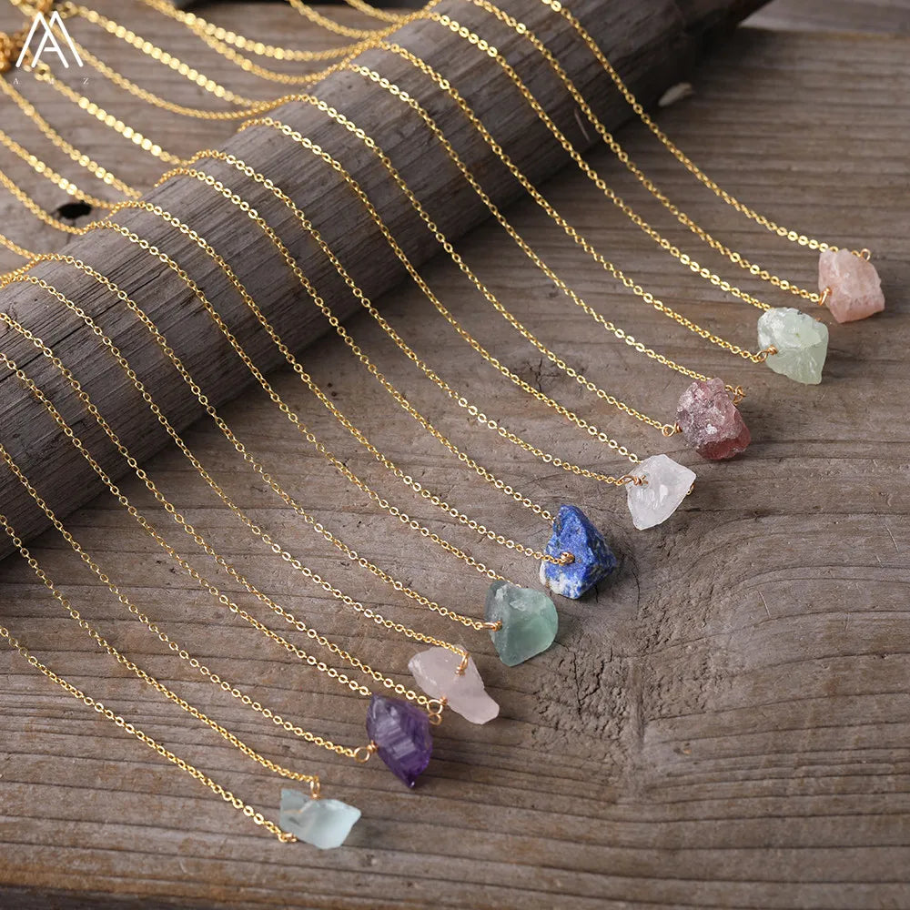Collier Pierre Naturelle Brute – Améthyste, Citrine, Quartz Rose & Plus | Chaîne Dorée 18K