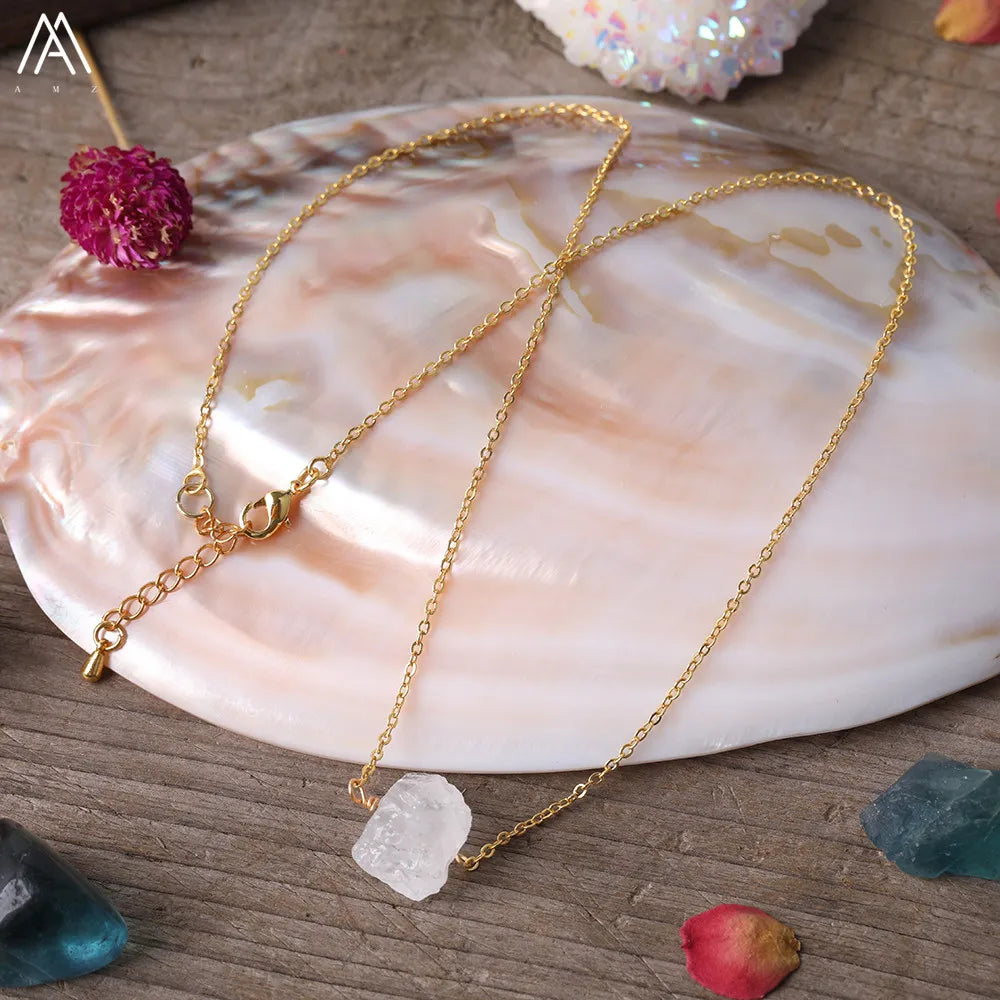 Collier Pierre Naturelle Brute – Améthyste, Citrine, Quartz Rose & Plus | Chaîne Dorée 18K