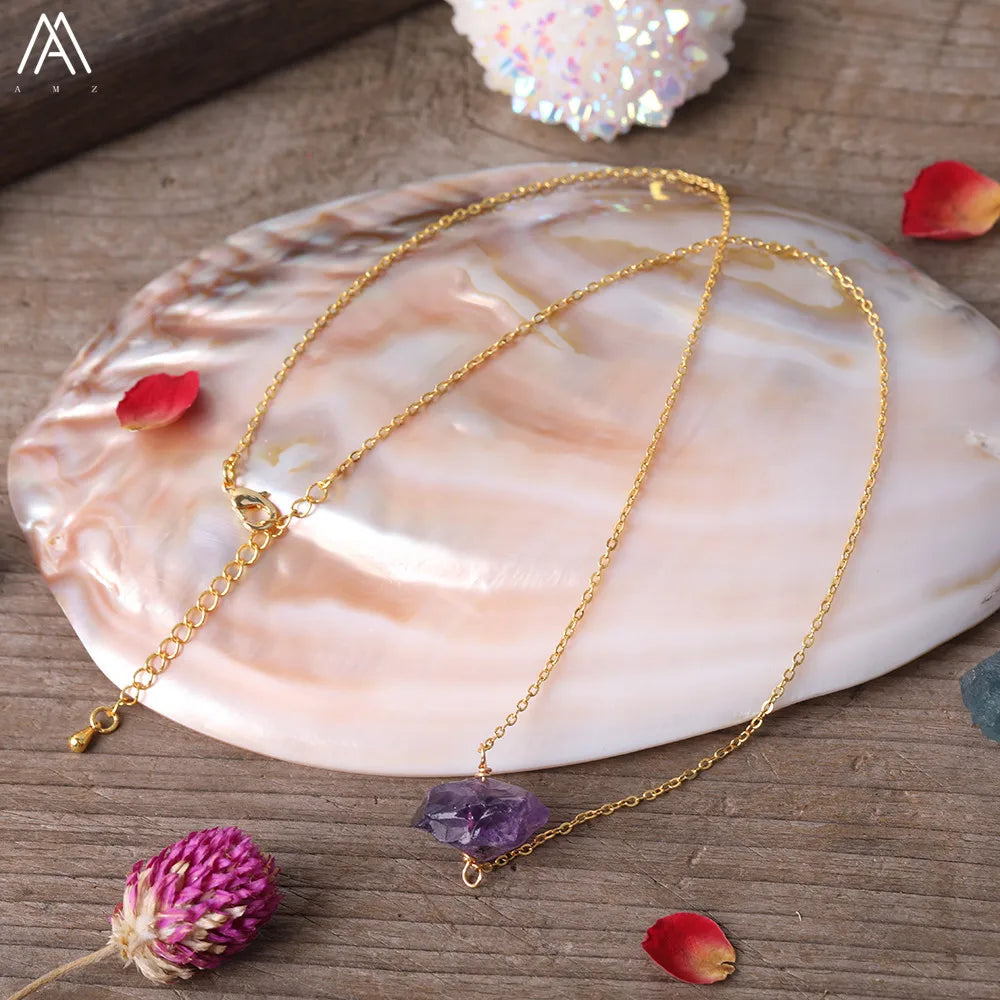 Collier Pierre Naturelle Brute – Améthyste, Citrine, Quartz Rose & Plus | Chaîne Dorée 18K