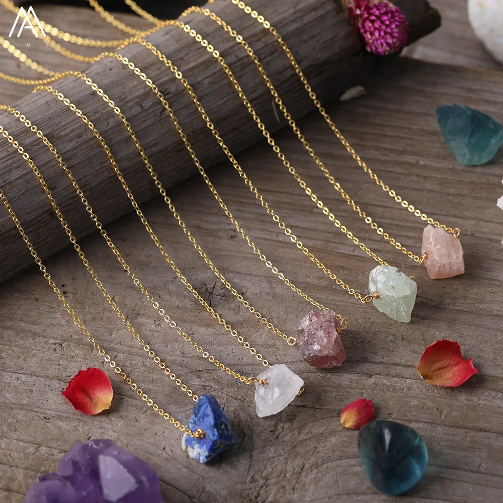 Collier Pierre Naturelle Brute – Améthyste, Citrine, Quartz Rose & Plus | Chaîne Dorée 18K