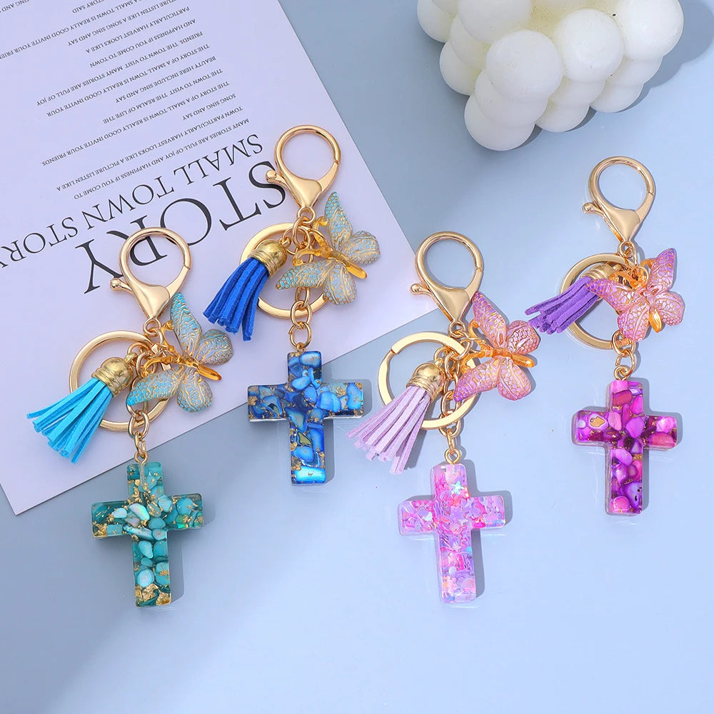 Porte-Clés Croix & Papillon – Résine Sequins Colorés | Accessoire Tendance Femme Homme