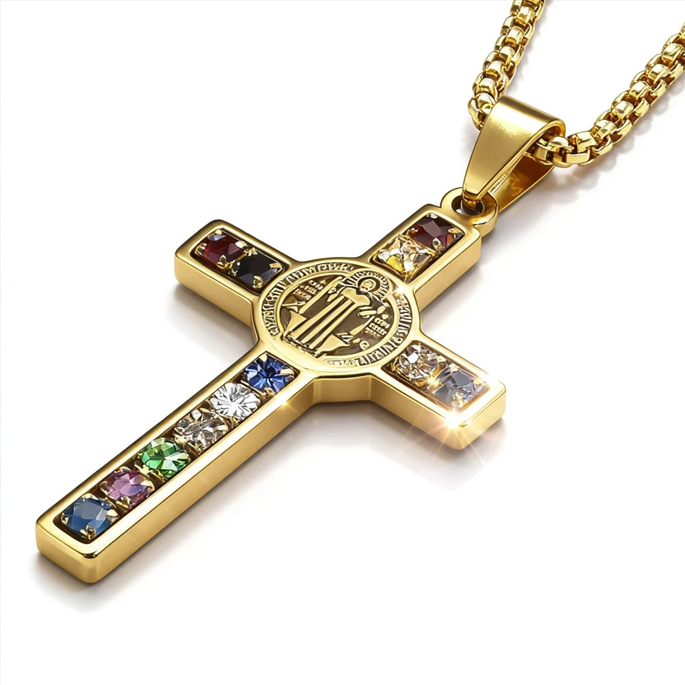 Collier Croix Saint-Benoît – Acier Inoxydable & Zircon Coloré | Catholique Unisexe