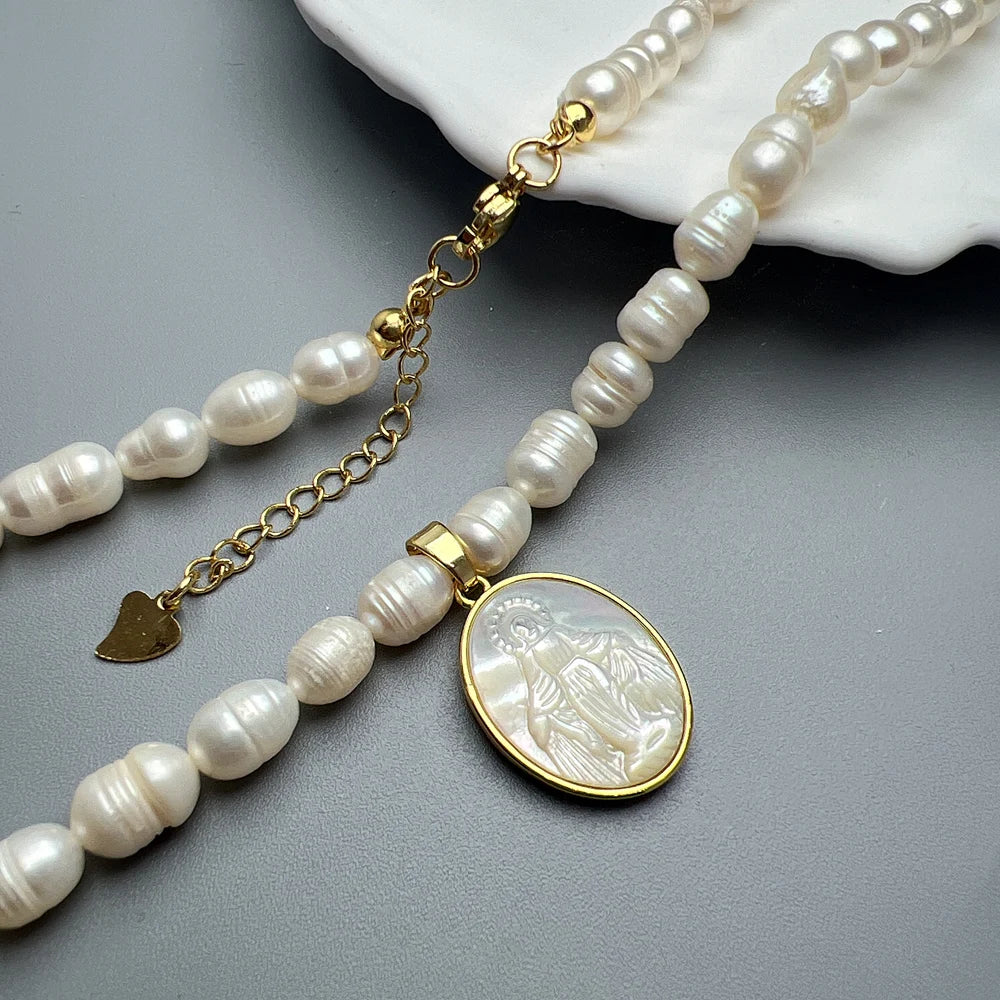 Collier Ras-de-Cou Perles Naturelles & Nacre – Vierge Marie, Sacré-Cœur, Guadalupe | Religieux Luxe