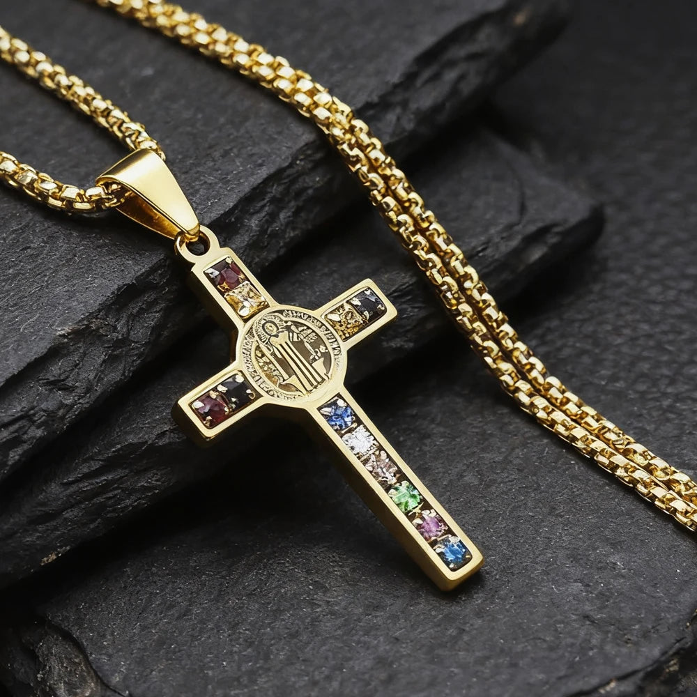 Collier Croix Saint-Benoît – Acier Inoxydable & Zircon Coloré | Catholique Unisexe