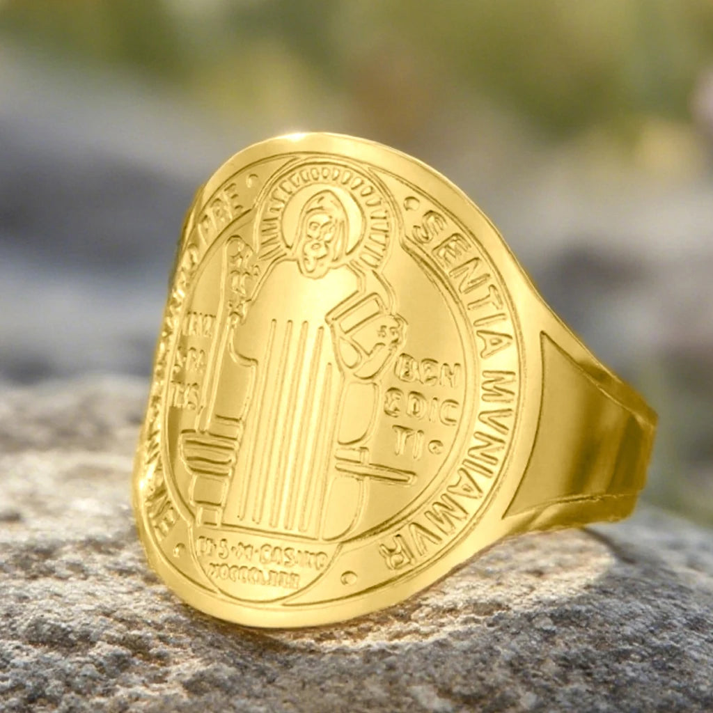 Bague Saint Benoît – Acier Inoxydable | Anneau Chrétien Ajustable