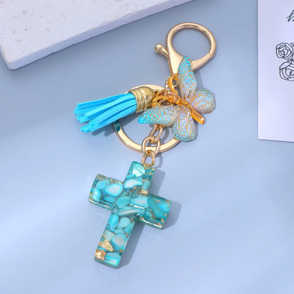 Porte-Clés Croix & Papillon – Résine Sequins Colorés | Accessoire Tendance Femme Homme