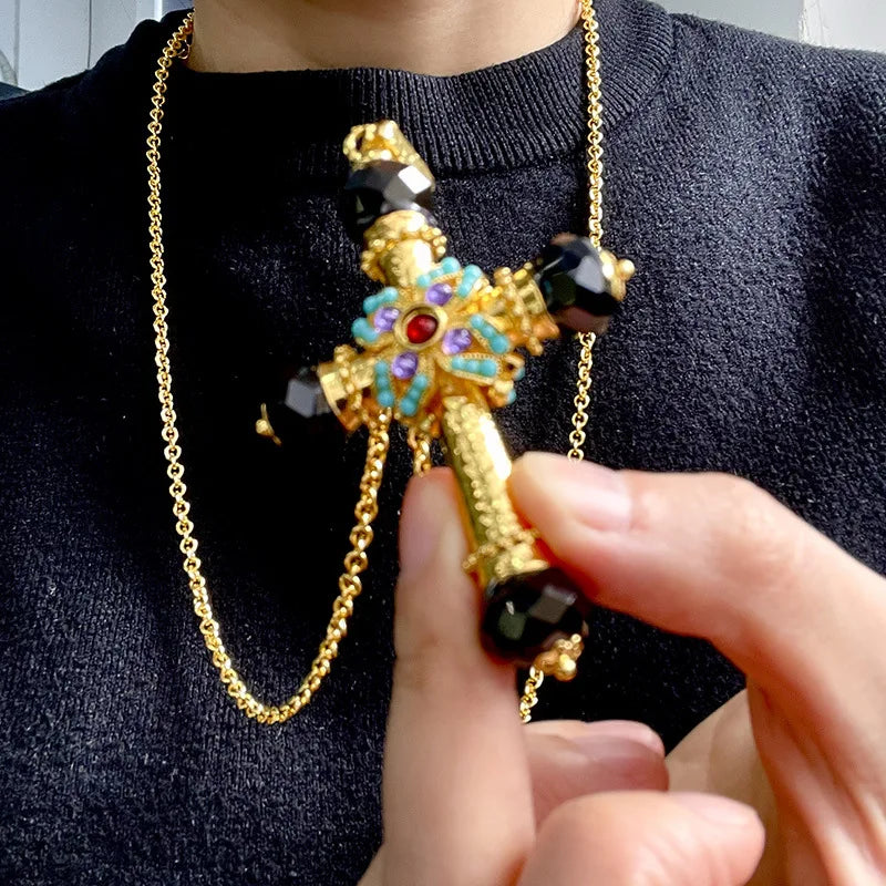 Collier Pull Vintage Turquoise & Cristal – Croix Double Face Incrustée | Style Rétro Unisexe