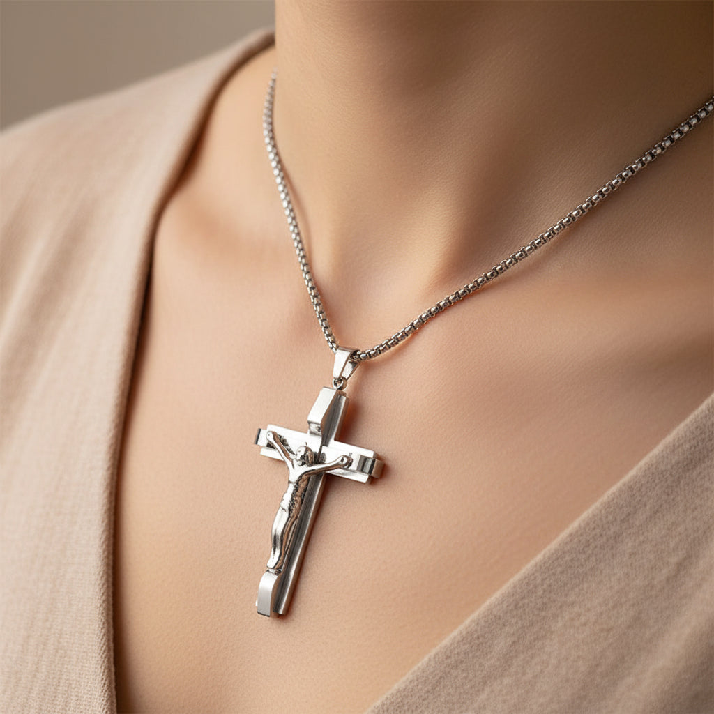 Collier Crucifix Jésus-Christ – Acier Inoxydable Doré & Argenté | Chaîne Grain de Café 60 cm | Homme & Femme