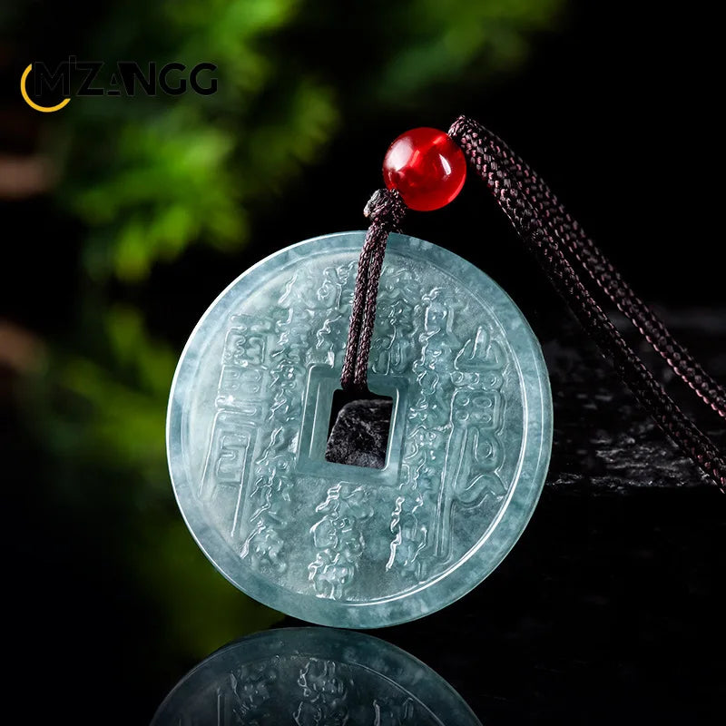 Pendentif Pièce Jade Naturel Type Glacé – Fleur Fantôme Bleu Montagne | Certifié avec Écrin | Unisexe