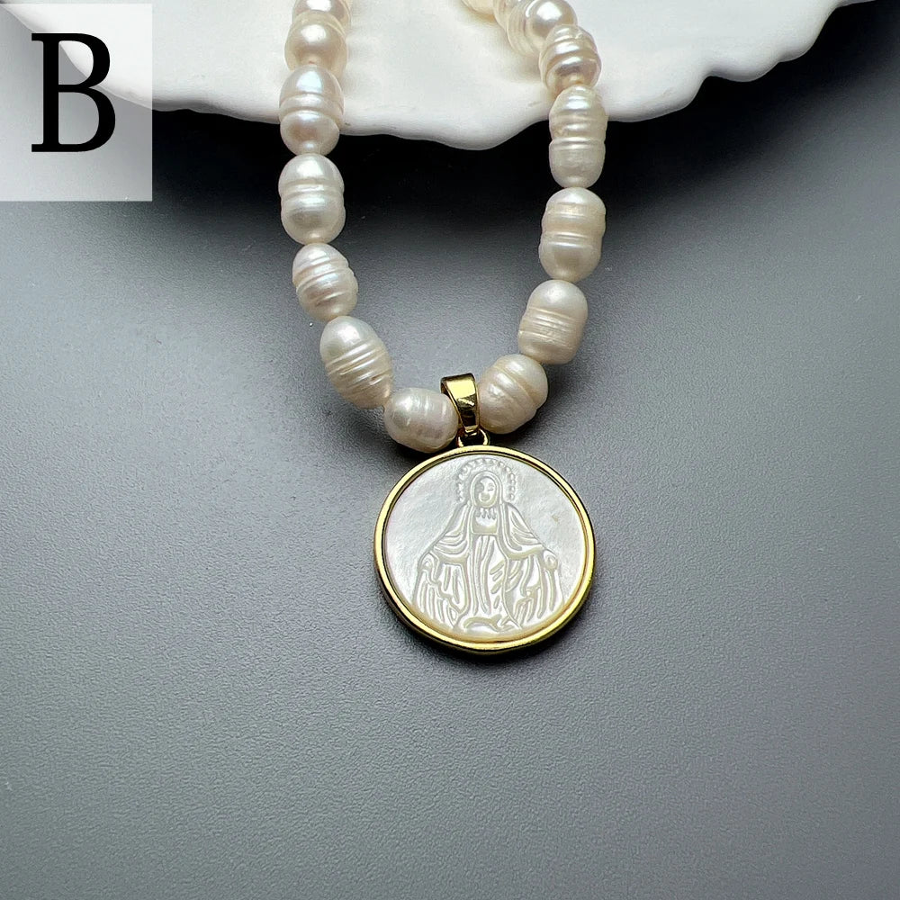 Collier Ras-de-Cou Perles Naturelles & Nacre – Vierge Marie, Sacré-Cœur, Guadalupe | Religieux Luxe