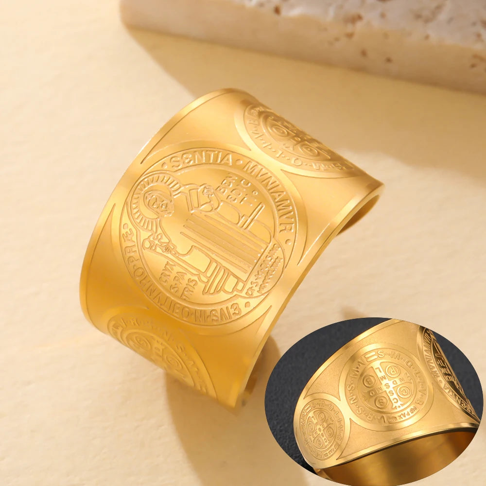 Bague Saint Benoît – Acier Inoxydable | Anneau Chrétien Ajustable