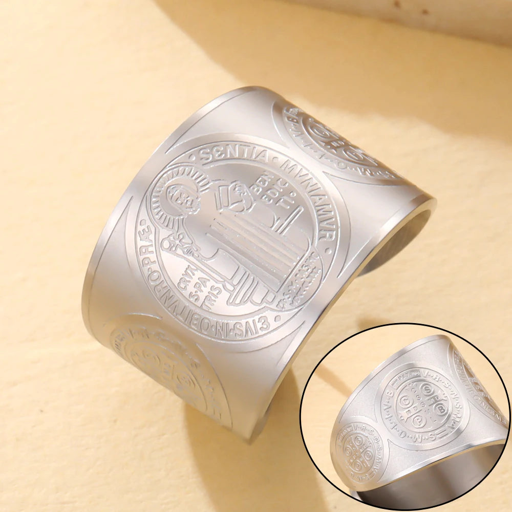 Bague Saint Benoît – Acier Inoxydable | Anneau Chrétien Ajustable