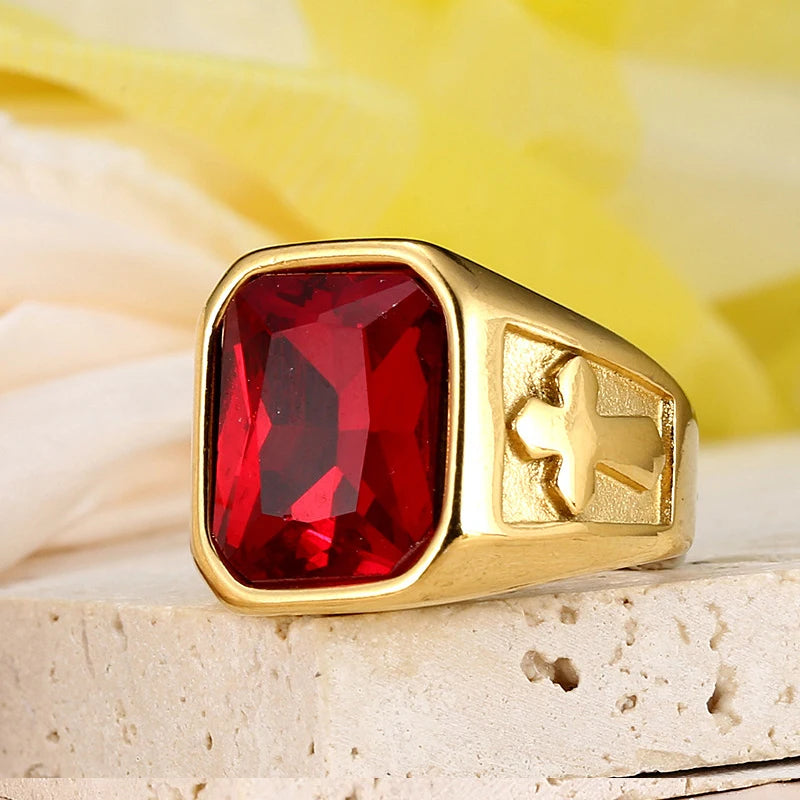 Bague Punk Croix & Pierres Colorées – Acier Inoxydable | Bijou Vintage Homme Femme