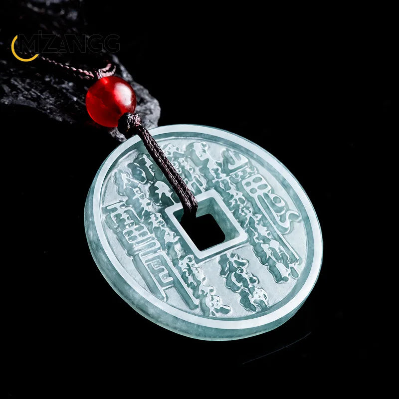 Pendentif Pièce Jade Naturel Type Glacé – Fleur Fantôme Bleu Montagne | Certifié avec Écrin | Unisexe