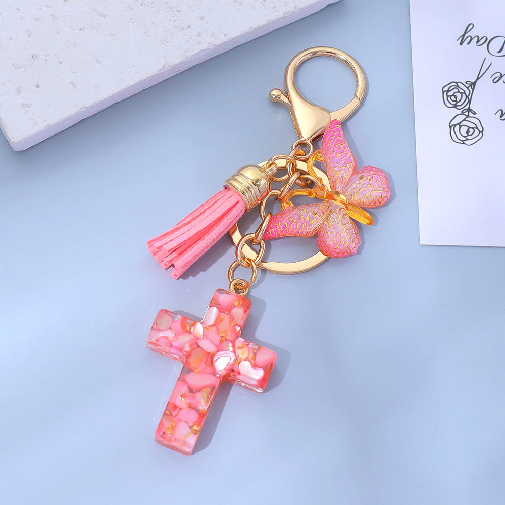 Porte-Clés Croix & Papillon – Résine Sequins Colorés | Accessoire Tendance Femme Homme