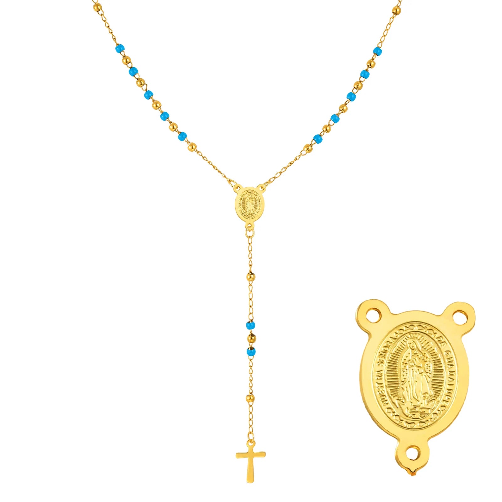 Collier Chapelet Vierge Marie – Perles Colorées & Croix en Acier Inoxydable