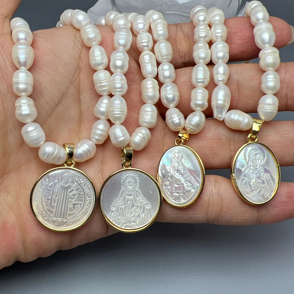 Collier Ras-de-Cou Perles Naturelles & Nacre – Vierge Marie, Sacré-Cœur, Guadalupe | Religieux Luxe