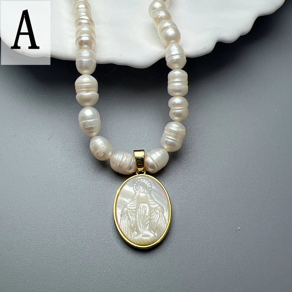 Collier Ras-de-Cou Perles Naturelles & Nacre – Vierge Marie, Sacré-Cœur, Guadalupe | Religieux Luxe