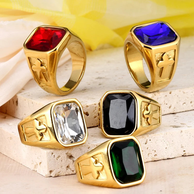 Bague Punk Croix & Pierres Colorées – Acier Inoxydable | Bijou Vintage Homme Femme
