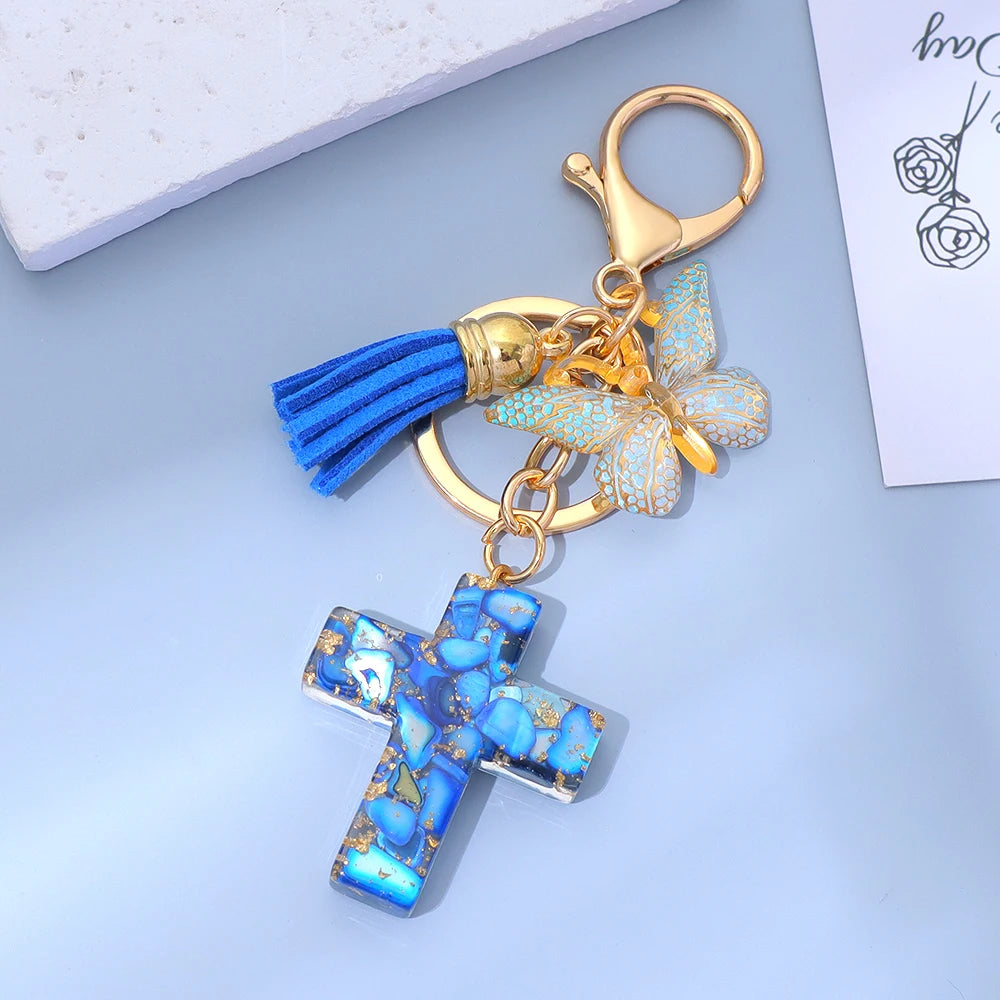 Porte-Clés Croix & Papillon – Résine Sequins Colorés | Accessoire Tendance Femme Homme