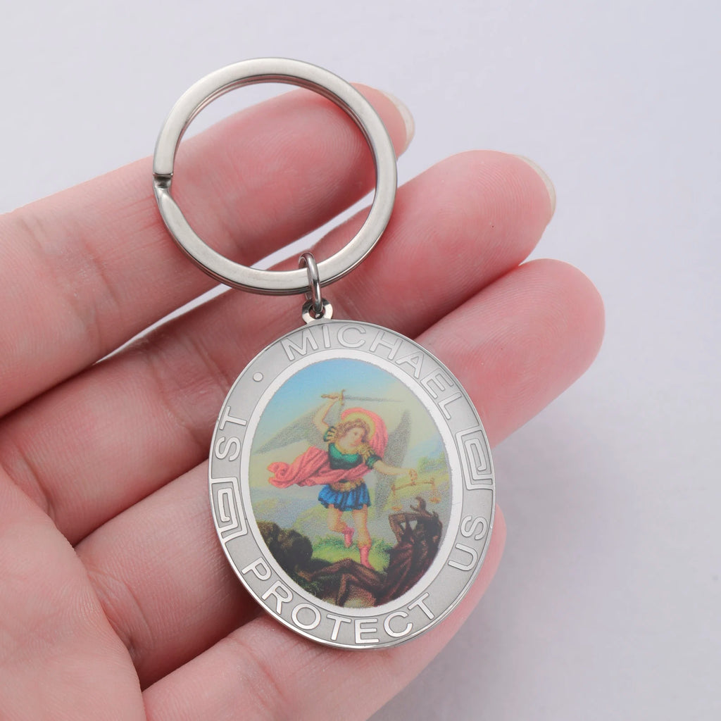 Porte-clés Saint Michel Archange – Acier Inoxydable, Or & Argent