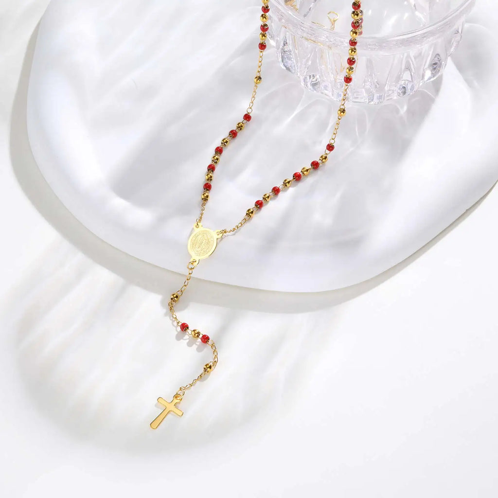 Collier Chapelet Vierge Marie – Perles Colorées & Croix en Acier Inoxydable