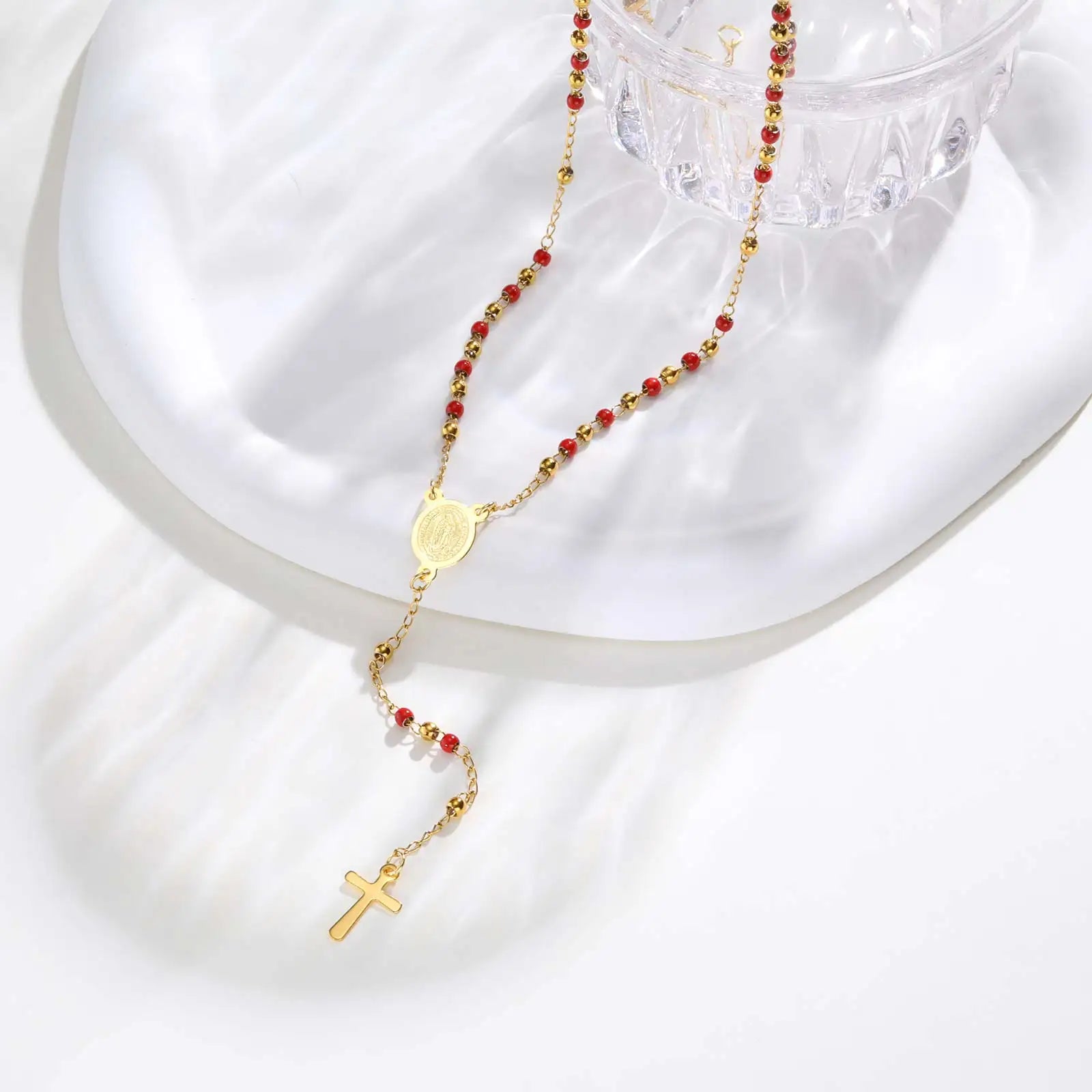 Collier Chapelet Vierge Marie – Perles Colorées & Croix en Acier Inoxydable
