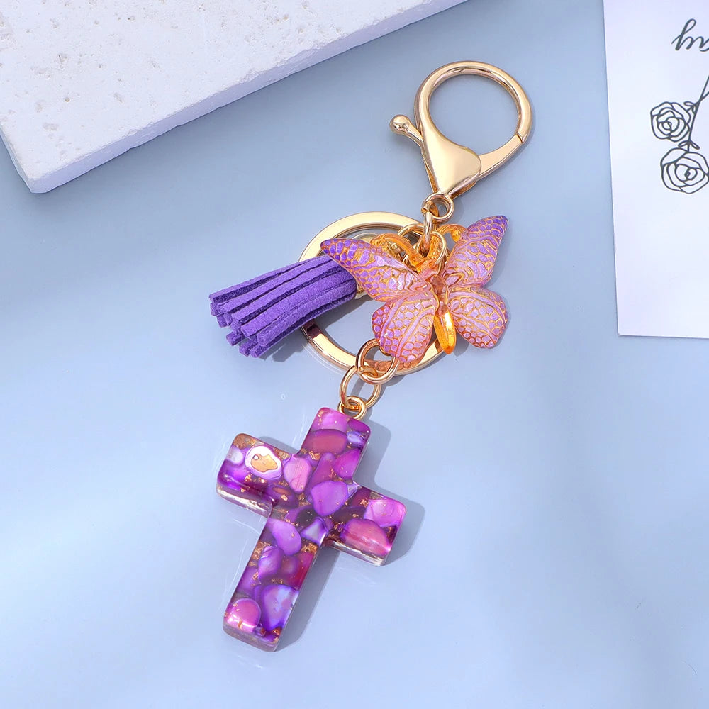 Porte-Clés Croix & Papillon – Résine Sequins Colorés | Accessoire Tendance Femme Homme