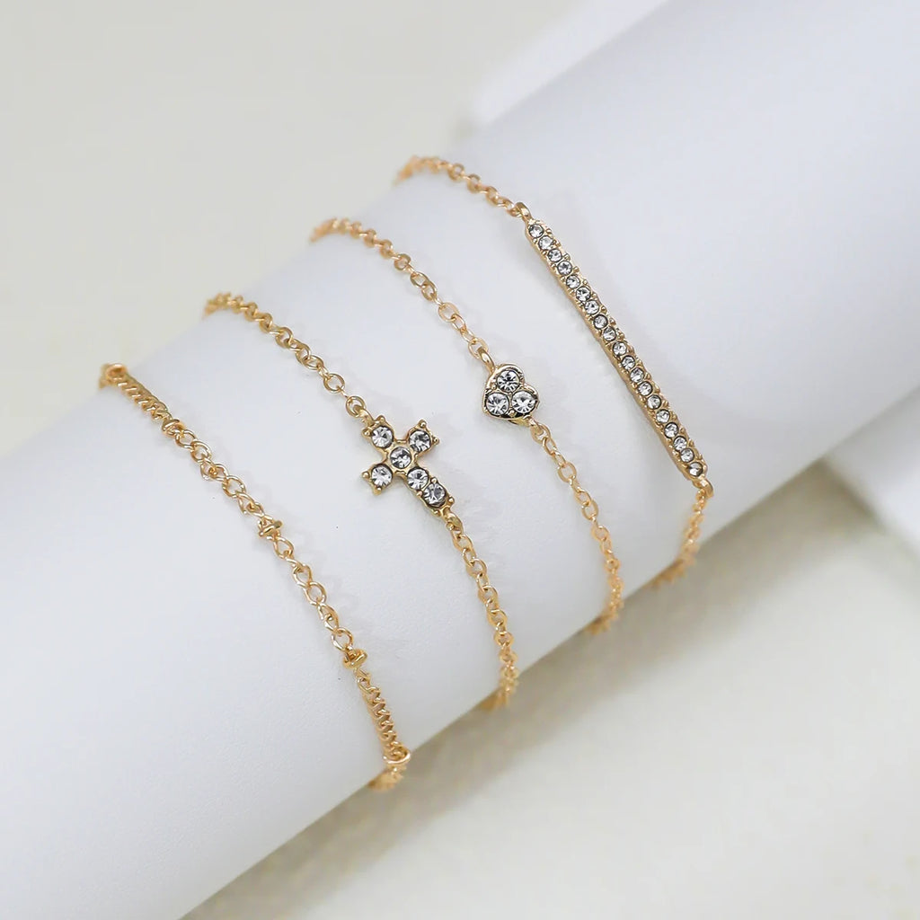 Set 4 Bracelets Multi-Couches Croix & Cœur – Zircone Cubique | Bijou Femme Cadeau