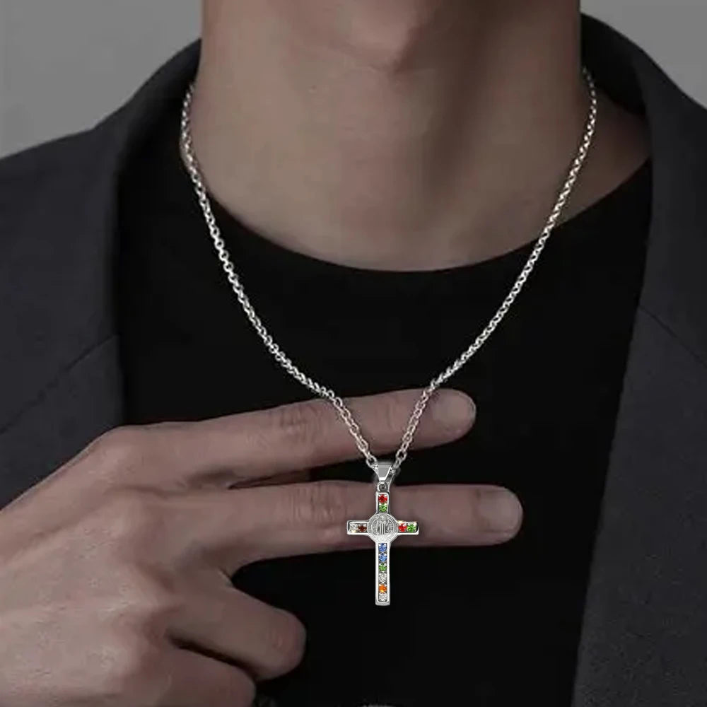 Collier Croix Saint-Benoît – Acier Inoxydable & Zircon Coloré | Catholique Unisexe
