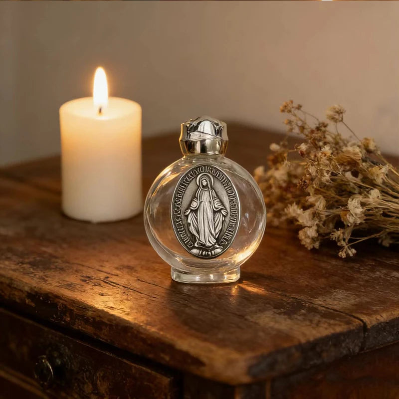 Mini Flacon d'Eau Bénite en Verre – Médaille Vierge Marie & Bouchon Doré | Cadeau Catholique