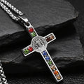 Collier Croix Saint-Benoît – Acier Inoxydable & Zircon Coloré | Catholique Unisexe
