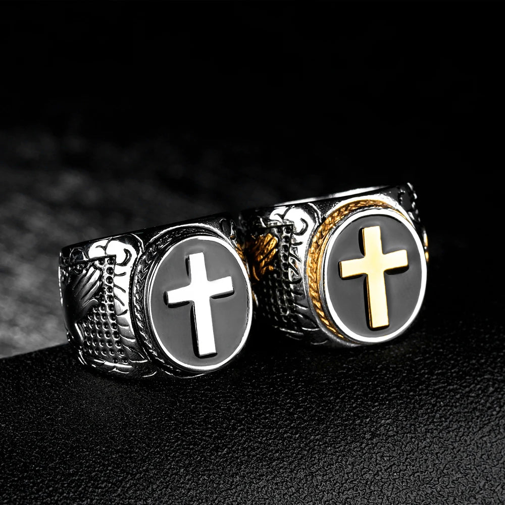 Bague Chevalière Croix Vintage – Acier Inoxydable Doré | Style Biker Punk Chrétien | Homme