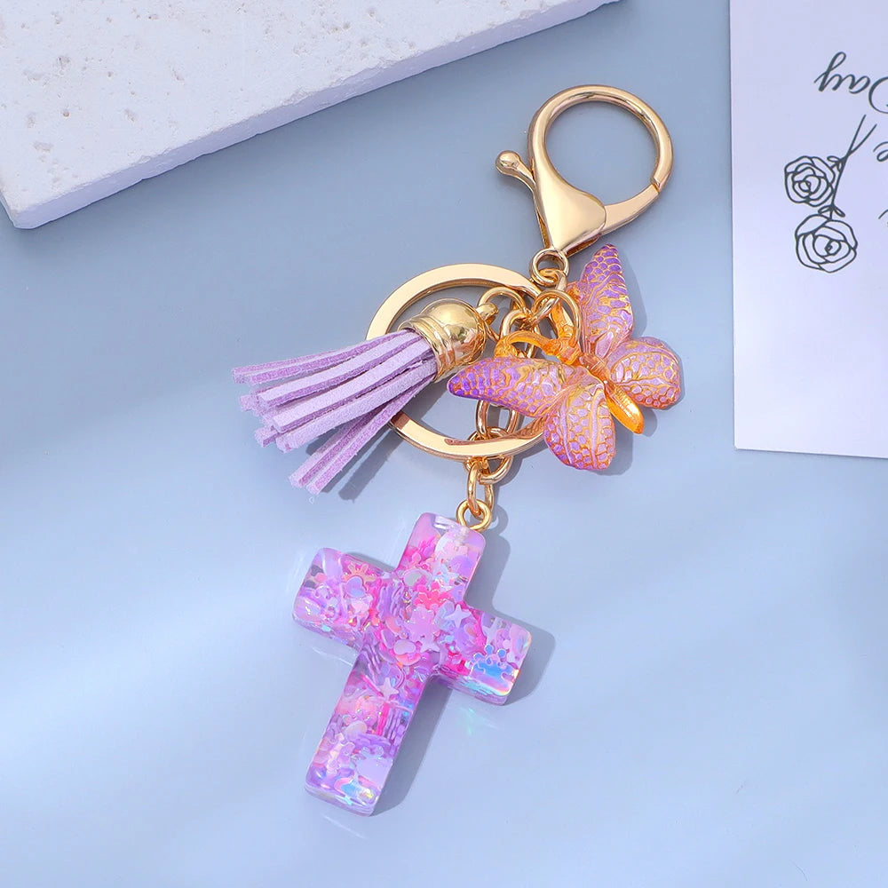 Porte-Clés Croix & Papillon – Résine Sequins Colorés | Accessoire Tendance Femme Homme