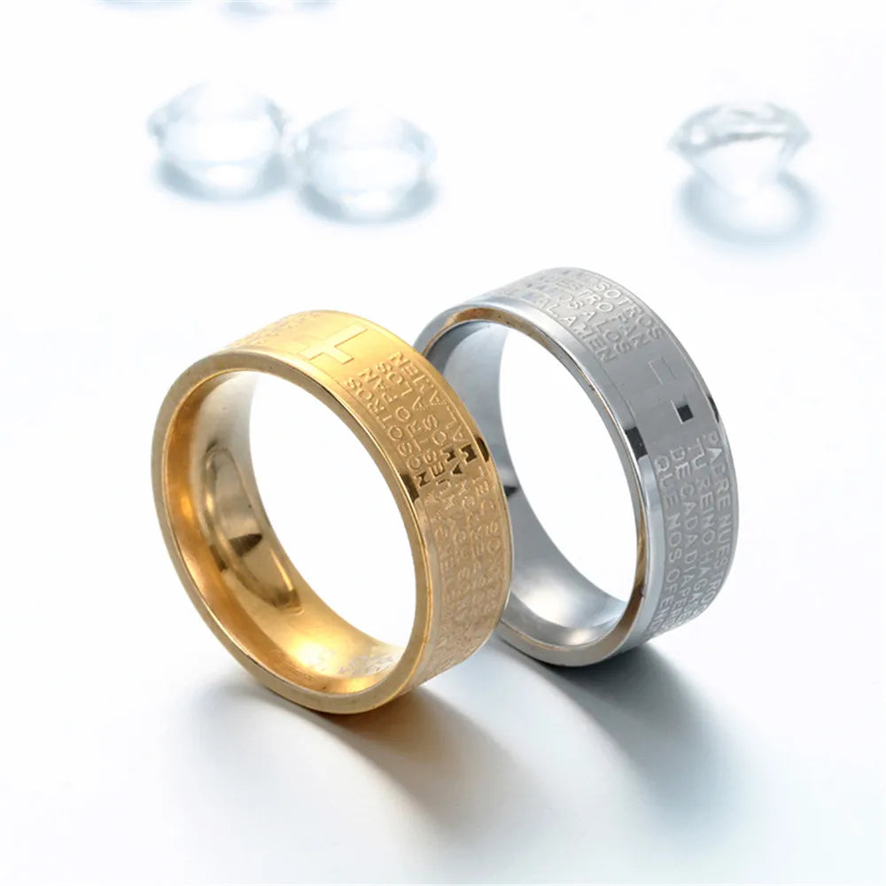Bague de Prière Jésus & Croix – Acier Inoxydable Doré | Bijou Religieux Homme Femme
