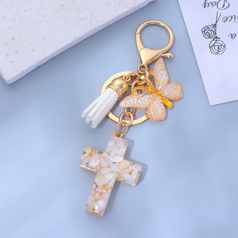 Porte-Clés Croix & Papillon – Résine Sequins Colorés | Accessoire Tendance Femme Homme