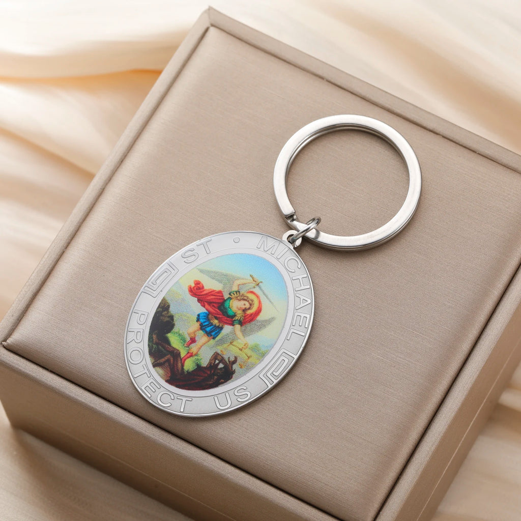 Porte-clés Saint Michel Archange – Acier Inoxydable, Or & Argent
