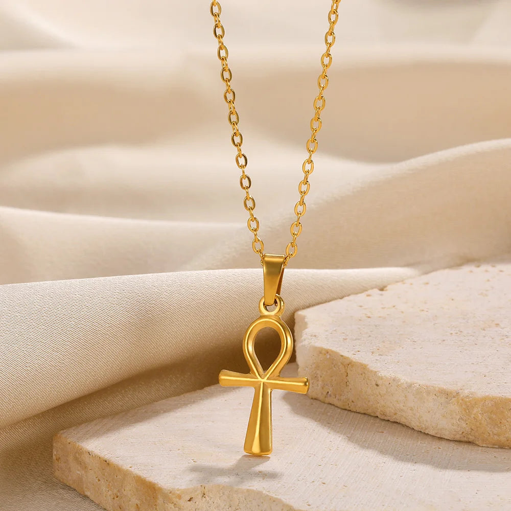 Collier Croix Ankh Égyptienne – Symbole de Vie Acier Inoxydable Doré | Ras-de-Cou Unisexe