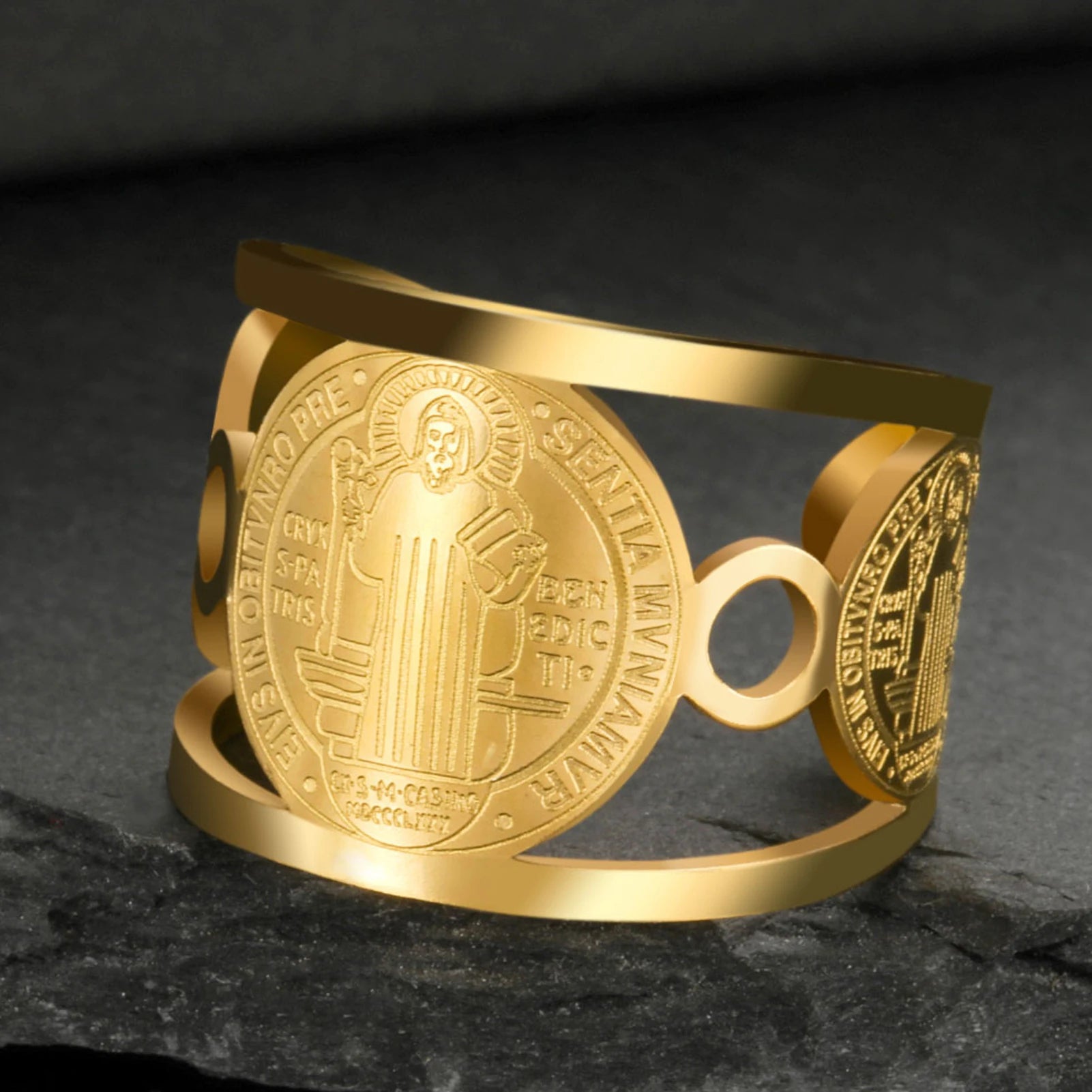Bague Saint Benoît – Acier Inoxydable | Anneau Chrétien Ajustable