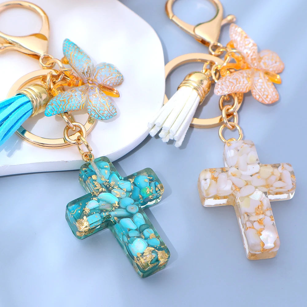 Porte-Clés Croix & Papillon – Résine Sequins Colorés | Accessoire Tendance Femme Homme